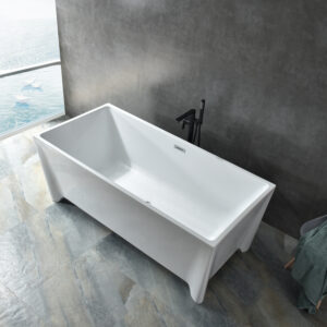 modern rectangular freestanding tub, angled geometric base