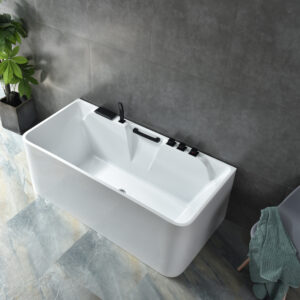 modern rectangular freestanding tub, sleek minimalist design