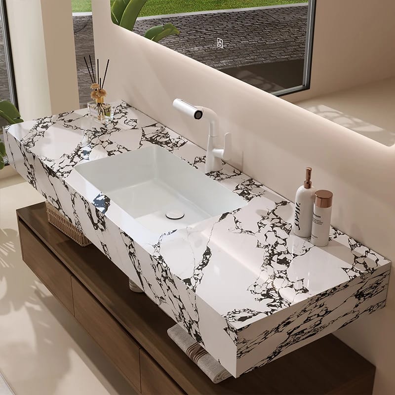 2025新款现代木质胶合板漆面石盆智能镜面壁挂式浴室洗漱台集成水盆不锈钢 2