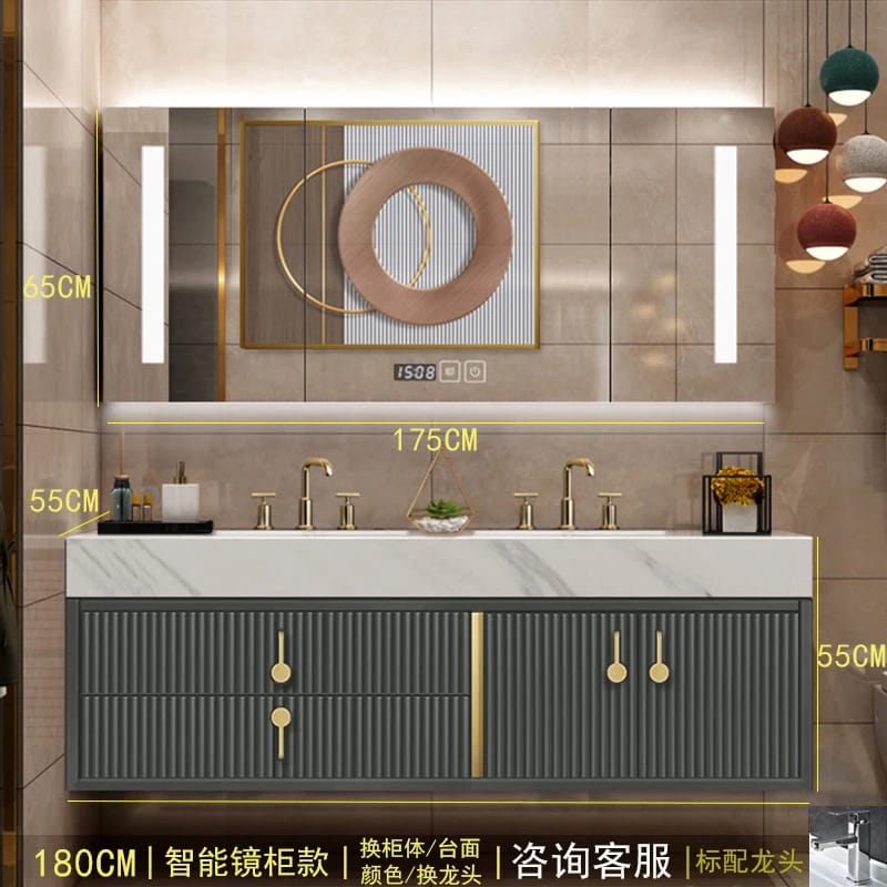 现代豪华漆橡木梳妆台地板站立发光二极管镜子双盆防水集成人造花岗岩浴室 现代豪华漆橡木梳妆台地板站立发光二极管镜子双盆防水集成人造花岗岩浴室