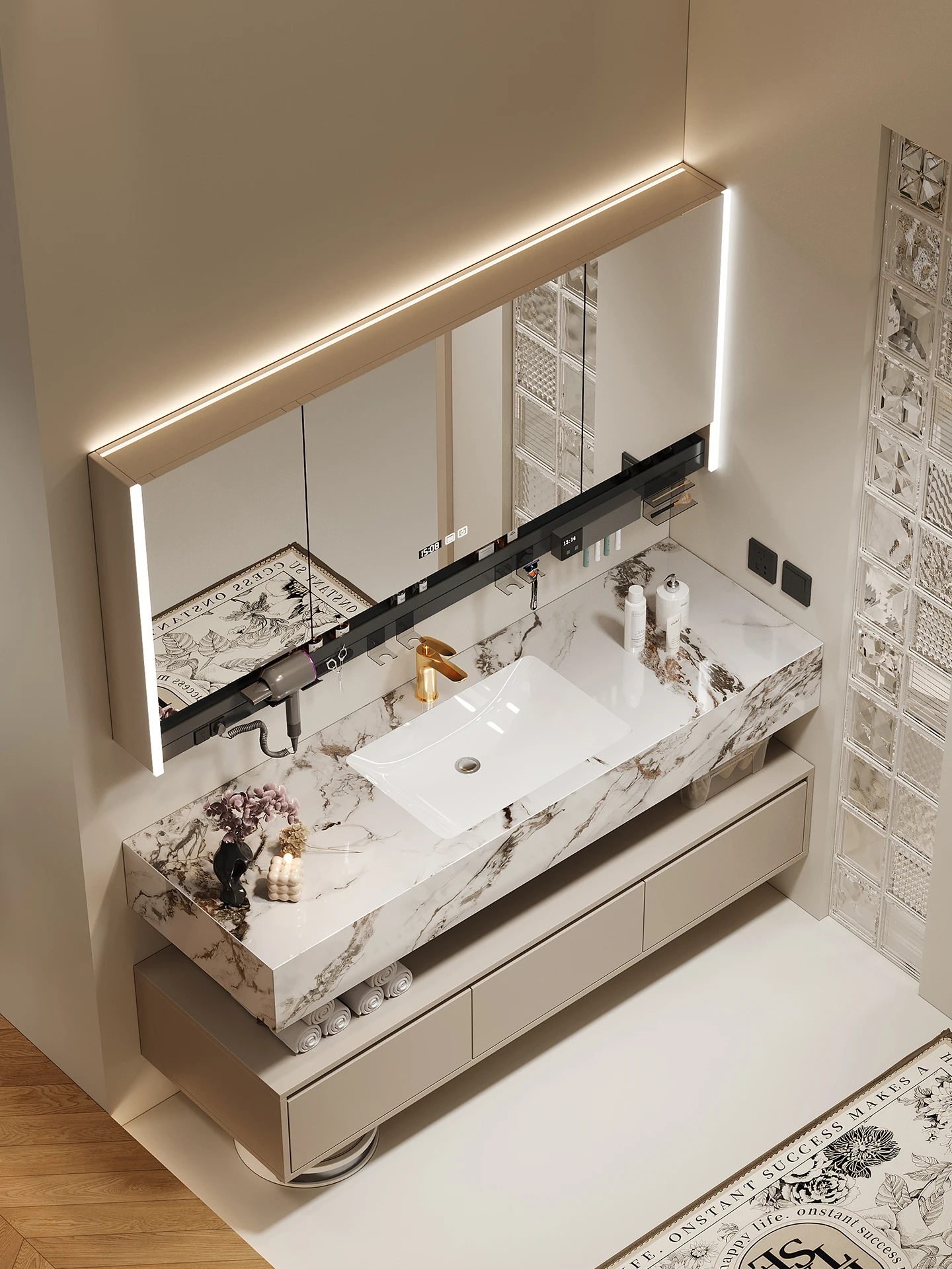 高品质定制豪华酒店大理石壁挂式陶瓷盆现代浴室水槽梳妆台带智能镜子 3