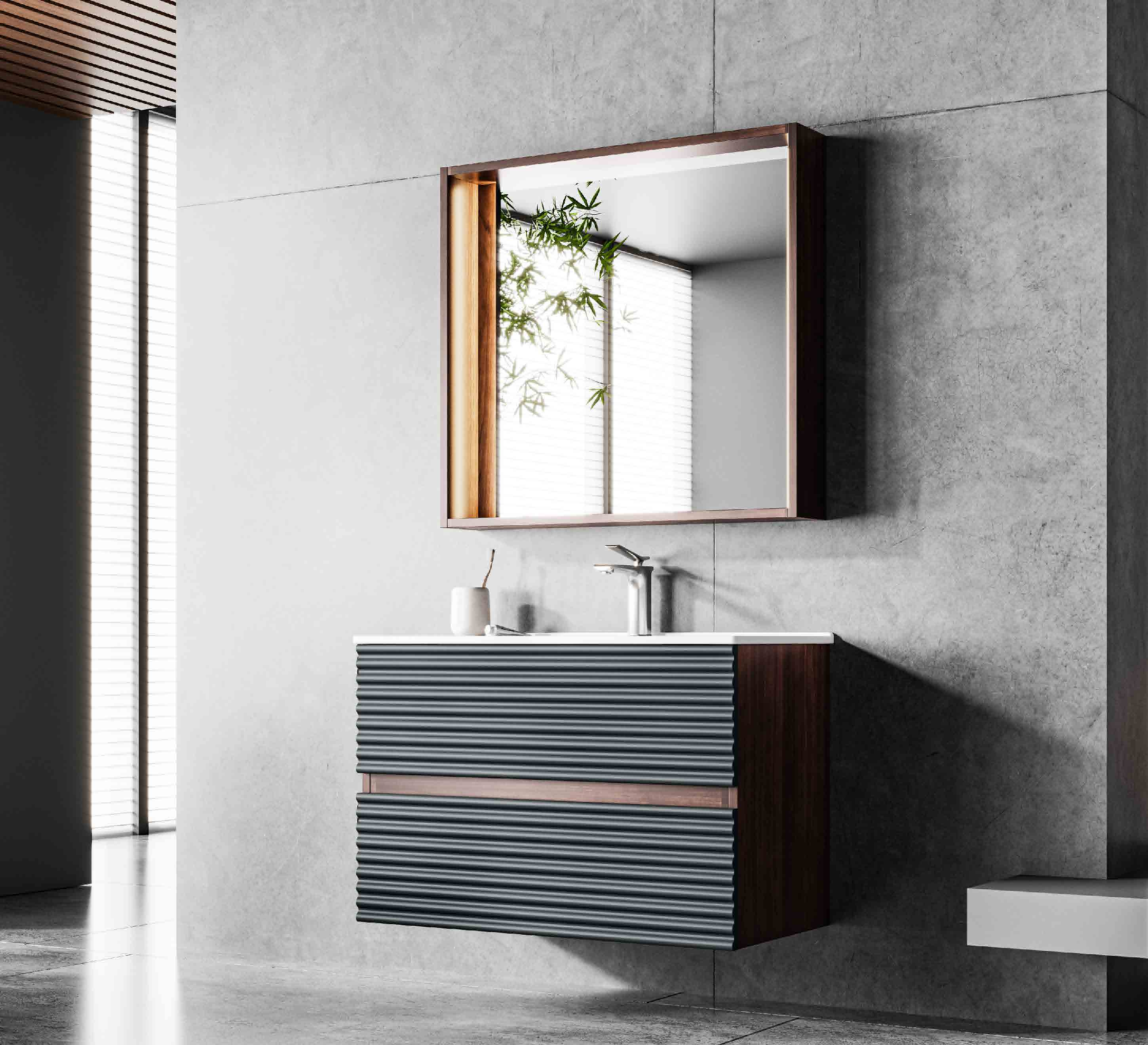 modern luxury dark grey wavy floating vanity | wood frame side lit mirror cabinet with drawer organizers | double drawer bathroom washbasin modern luxury dark grey wavy floating vanity | wood frame side lit mirror cabinet with drawer organizers | double drawer bathroom washbasin