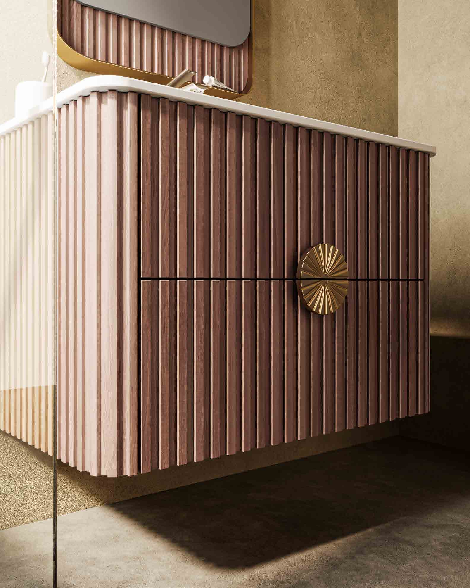 retro luxury walnut fluted bathroom vanity | sunburst metal handle & unique mirror shelf combo | floating double drawer washbasin retro luxury walnut fluted bathroom vanity | sunburst metal handle & unique mirror shelf combo | floating double drawer washbasin
