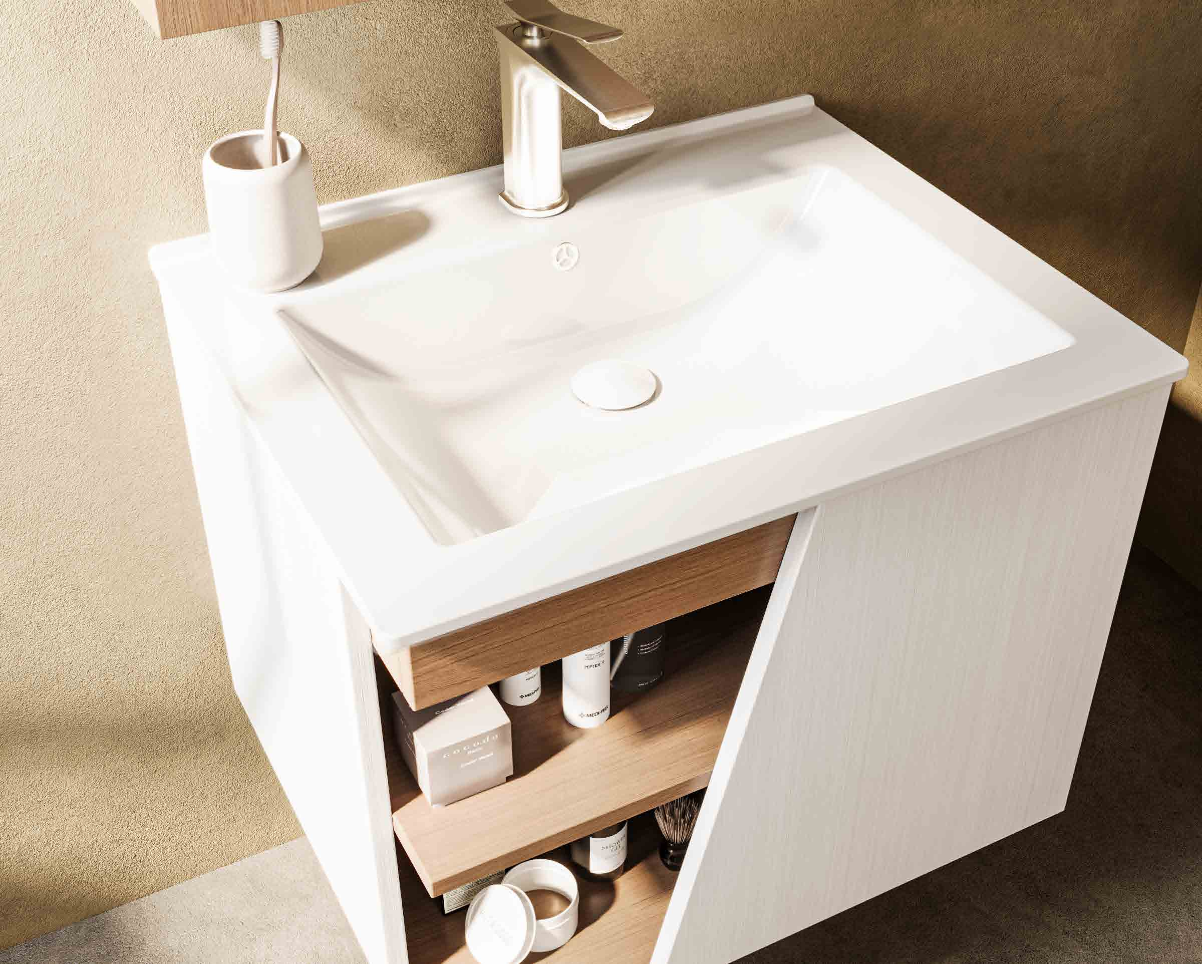 modern geometric asymmetric color block floating vanity | angled open storage shelf & split mirror cabinet combo | creative bathroom washbasin modern geometric asymmetric color block floating vanity | angled open storage shelf & split mirror cabinet combo | creative bathroom washbasin