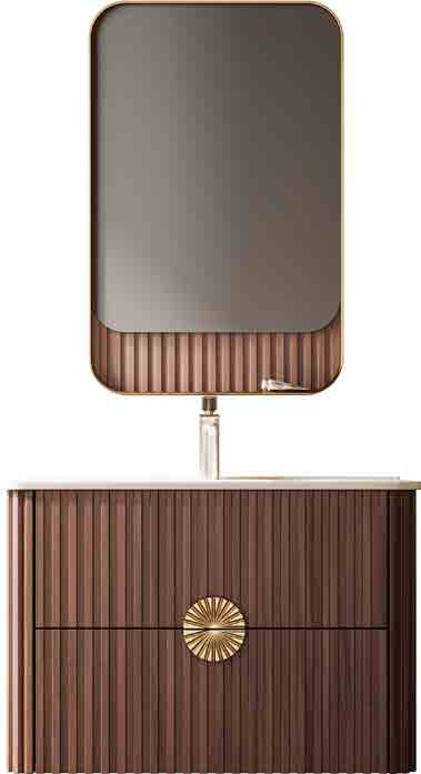 retro luxury walnut fluted bathroom vanity | sunburst metal handle & unique mirror shelf combo | floating double drawer washbasin retro luxury walnut fluted bathroom vanity | sunburst metal handle & unique mirror shelf combo | floating double drawer washbasin