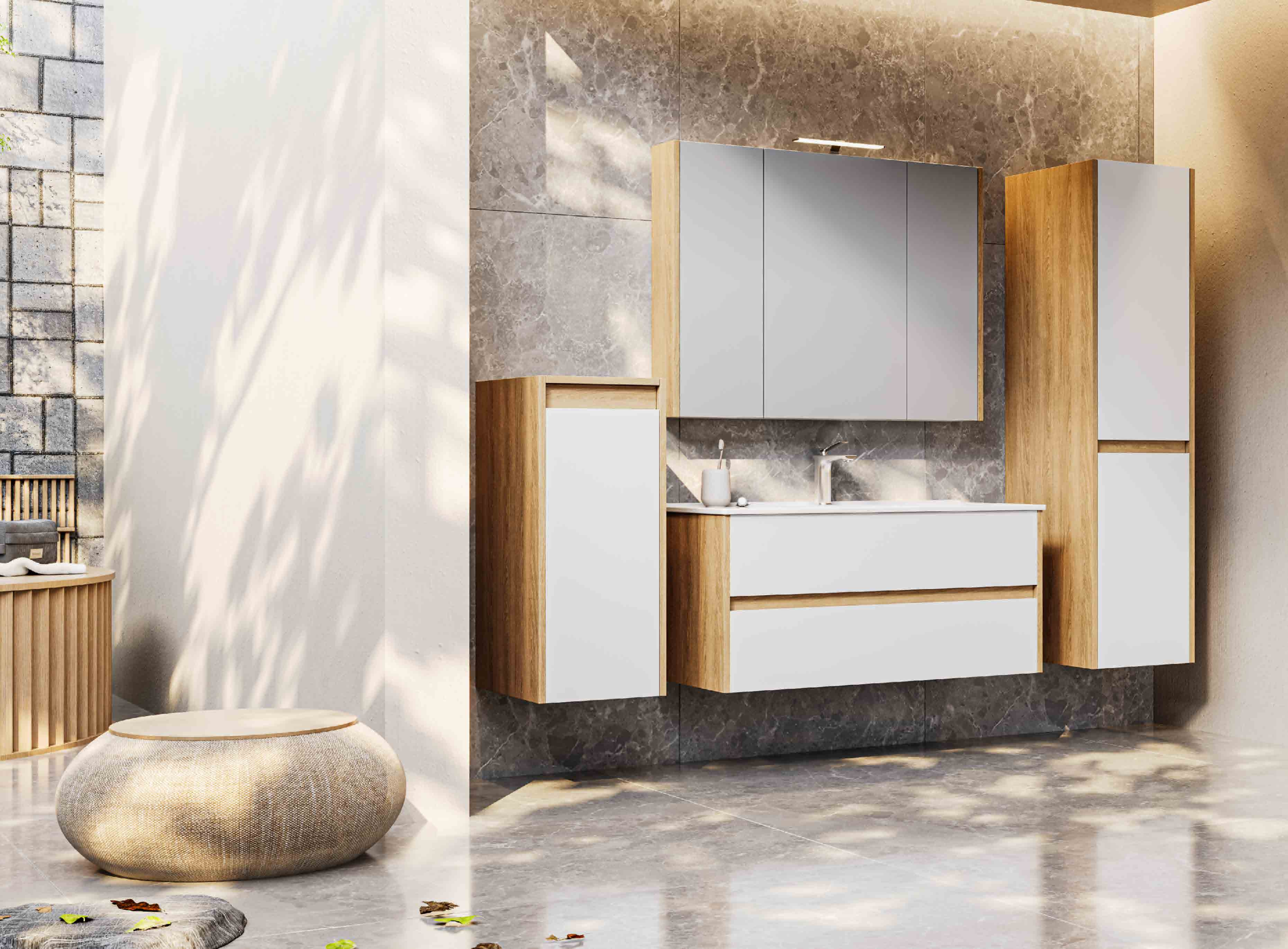 modern minimalist wall mounted bathroom vanity set | wood white contrast design with mirror cabinet & side storage towers modern minimalist wall mounted bathroom vanity set | wood white contrast design with mirror cabinet & side storage towers