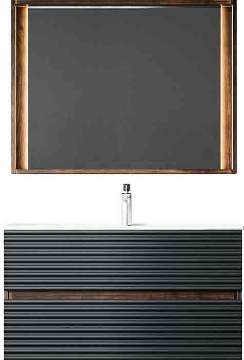 modern luxury dark grey wavy floating vanity | wood frame side lit mirror cabinet with drawer organizers | double drawer bathroom washbasin modern luxury dark grey wavy floating vanity | wood frame side lit mirror cabinet with drawer organizers | double drawer bathroom washbasin