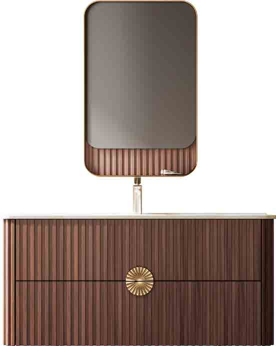 retro luxury walnut fluted bathroom vanity | sunburst metal handle & unique mirror shelf combo | floating double drawer washbasin retro luxury walnut fluted bathroom vanity | sunburst metal handle & unique mirror shelf combo | floating double drawer washbasin