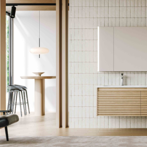 nordic japanese natural wood horizontal louver floating vanity | side lit smart mirror cabinet & integrated basin set | modern minimalist bathroom washbasin