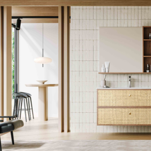 wabi sabi natural rattan weave floating vanity | dark wood frame mirror with open display shelf combo | double drawer retro washbasin