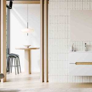 healing pure white floating bathroom vanity | minimalist wood capsule handle | double drawer partition storage bathroom set