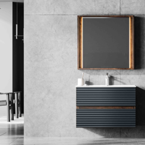 modern luxury dark grey wavy floating vanity | wood frame side lit mirror cabinet with drawer organizers | double drawer bathroom washbasin