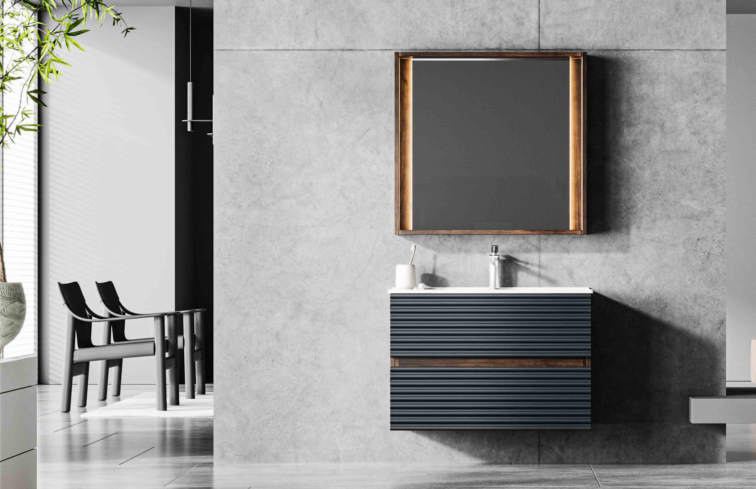 modern luxury dark grey wavy floating vanity | wood frame side lit mirror cabinet with drawer organizers | double drawer bathroom washbasin modern luxury dark grey wavy floating vanity | wood frame side lit mirror cabinet with drawer organizers | double drawer bathroom washbasin