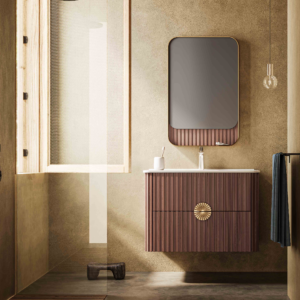 retro luxury walnut fluted bathroom vanity | sunburst metal handle & unique mirror shelf combo | floating double drawer washbasin
