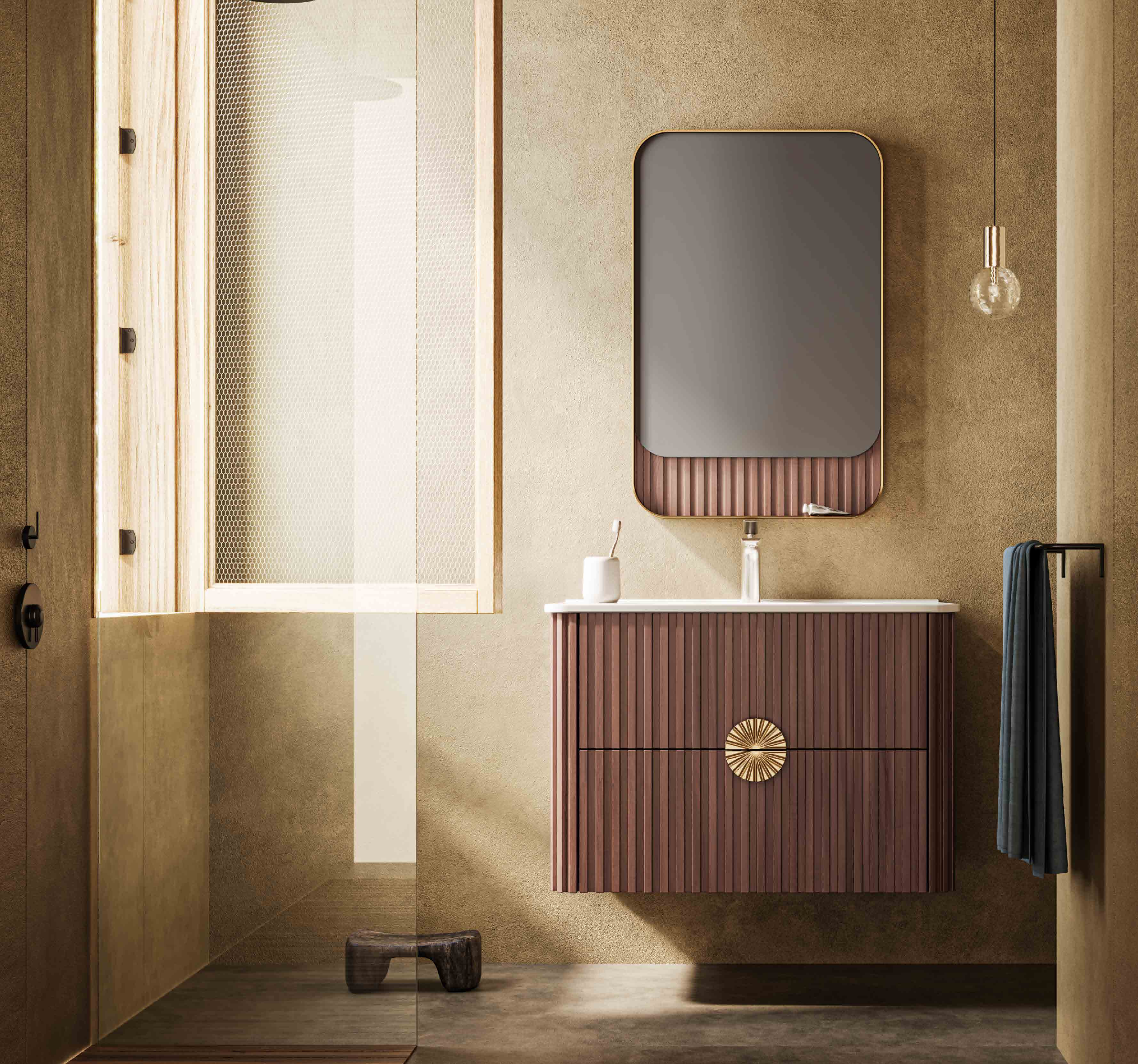 retro luxury walnut fluted bathroom vanity | sunburst metal handle & unique mirror shelf combo | floating double drawer washbasin retro luxury walnut fluted bathroom vanity | sunburst metal handle & unique mirror shelf combo | floating double drawer washbasin