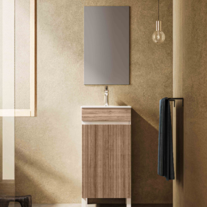 japanese minimalist narrow freestanding vanity | wood fluted door panel & white frame combo | compact washbasin for small guest bathrooms