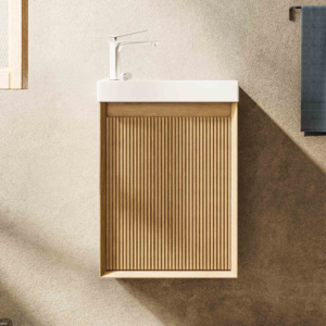 mini minimalist floating bathroom vanity | compact single door washbasin | multiple artistic wood texture options available