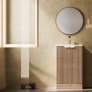 wabi sabi fluted narrow freestanding vanity | white dual half round handles & round mirror combo | minimalist washbasin for guest bathrooms/small spaces