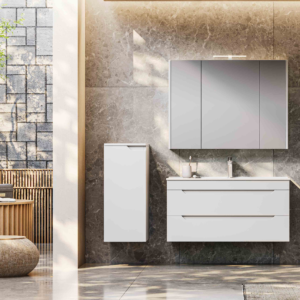 minimalist all white handleless bathroom vanity set | modern floating bathroom cabinet combo with smart mirror & side towers