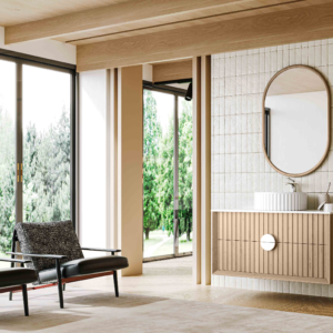 wabi sabi natural wood fluted bathroom vanity | capsule wood frame mirror & fluted vessel sink set | modern minimalist wall mounted washbasin
