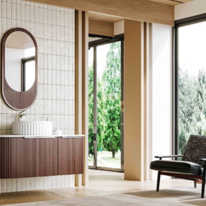 retro wabi sabi dark wood curved fluted vanity | concentric arch wood mirror & vessel sink set | modern minimalist floating washbasin