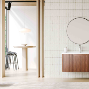 minimalist mid century dark fluted floating vanity | thin round mirror & integrated basin set | modern wall mounted single sink washbasin