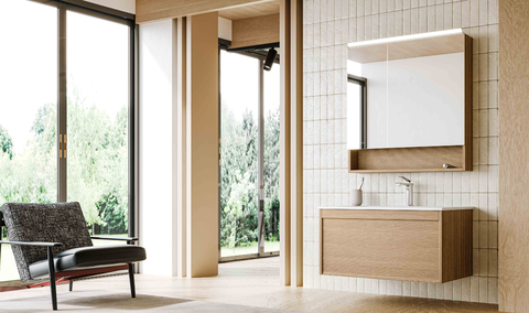 modern minimalist full panel wood textured floating vanity | led mirror cabinet with bottom open shelf set | large single drawer bathroom washbasin