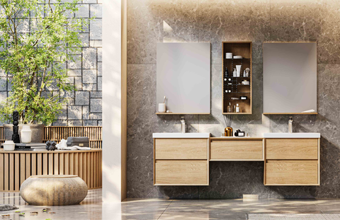 modern minimalist wall mounted wood double sink vanity | bathroom cabinet set with mirror & large capacity drawer storage
