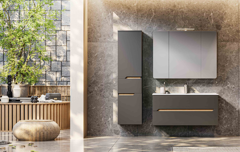 modern luxury matte dark grey bathroom vanity set | wood accent handleless design | wall mounted combo cabinet with smart mirror