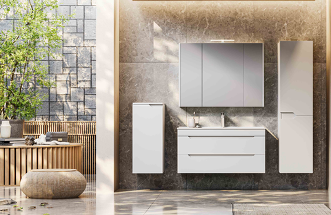minimalist all white handleless bathroom vanity set | modern floating bathroom cabinet combo with smart mirror & side towers