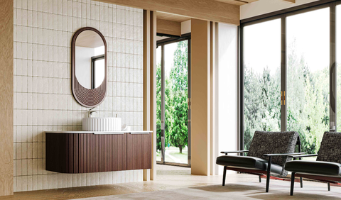 retro wabi sabi dark wood curved fluted vanity | concentric arch wood mirror & vessel sink set | modern minimalist floating washbasin