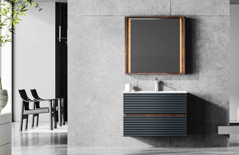 modern luxury dark grey wavy floating vanity | wood frame side lit mirror cabinet with drawer organizers | double drawer bathroom washbasin