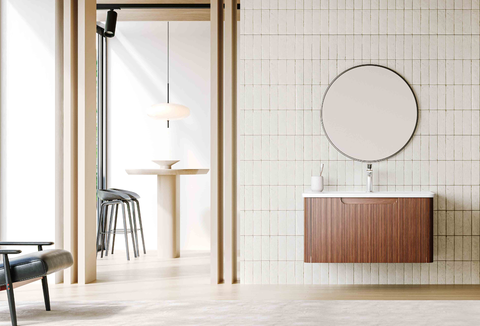 minimalist mid century dark fluted floating vanity | thin round mirror & integrated basin set | modern wall mounted single sink washbasin