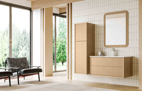 modern natural wood fluted bathroom vanity set | round corner retro wood frame mirror | wall mounted storage cabinet combo【product overview】 bring the warmth and gentleness of nature into your private sanctuary. this natural wood toned floating bathroom vanity set features the highly dimensional fluted/slatted vertical panel as its core design language. paired with a vintage inspired round corner stepped wood frame mirror, it infuses simplicity with the soul of nature and art. whether used as a daily washbasin or an artistic decorative piece in the space, it perfectly fulfills its role, creating a healing and relaxing bathroom environment. 【core selling points】 3d fluted/slatted craftsmanship: breaking away from traditional flat designs, the doors and drawer fronts feature precise vertical fluting/slating. this endows the cabinet with rich texture and dynamic light and shadow play. the surface is warm to the touch, visually elongating the space, and exudes modern artistic tension. warm natural wood tone: crafted using eco friendly natural wood veneer or multi layer solid wood boards, displaying authentic, natural wood grain as if bringing the forest indoors. the calming effect of natural wood tones effectively relieves the stress of urban life. round corner retro art mirror: (as shown in images 3 & 4) this is more than a mirror; it's a work of art. the unique rounded corners combined with the layered, stepped wooden frame perfectly echo the fluted elements of the cabinet. this soft curve neutralizes the rigidity of straight lines, adding an exquisite touch of wabi sabi and retro style. comprehensive storage, perfectly organized: double layer drawer main vanity: (as shown in image 2) the top drawer features built in multi functional dividers to neatly categorize makeup brushes, jewelry, and small skincare bottles; the deep lower drawer is spacious enough for neatly folded bath towels, hairdryers, and other bulkier items. double door vertical side tower: (as shown in images 1 & 4) a matching tall floor standing/wall mounted cabinet with the same fluted design on the left. it includes multiple partitioned shelves with immense capacity, perfectly storing spare tissues, toiletry stockpiles, and even large aroma diffusers. minimalist suspended design: the bottom clearance eliminates the common issues of moisture accumulation, mold, and dust buildup, making daily cleaning effortless while visually extending the floor space. 【specifications】 material: eco friendly natural wood toned multi layer solid wood boards + fluted/slatted textured panels + seamless integrated ceramic/artificial stone basin installation method: wall mounted (floating) component configuration: main vanity (double drawers) + round corner stepped frame decorative mirror + left side double door vertical tower recommended styles: modern natural wood, scandinavian, japanese wabi sabi, micro cement minimalist, vacation villas, boutique b&b interiors. 【warm tips】 for natural wood/veneer products, we recommend installing them in a bathroom with dry/wet separation and avoiding prolonged direct exposure to water to maintain their warm texture. please ensure the installation wall is flat and has adequate load bearing capacity before assembly.