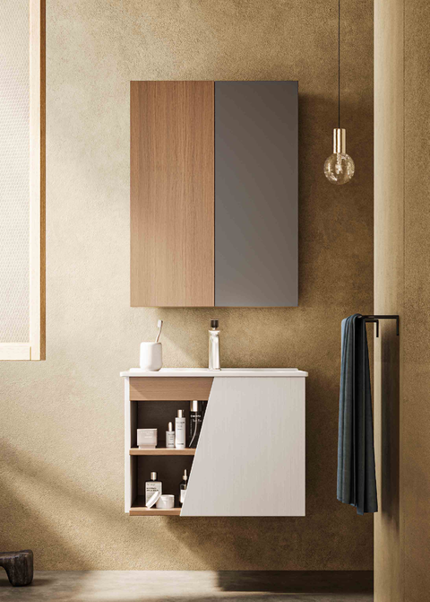 modern geometric asymmetric color block floating vanity | angled open storage shelf & split mirror cabinet combo | creative bathroom washbasin