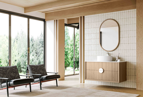 wabi sabi natural wood fluted bathroom vanity | capsule wood frame mirror & fluted vessel sink set | modern minimalist wall mounted washbasin