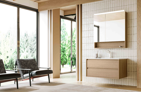modern minimalist natural wood textured floating vanity | led mirror cabinet with bottom open shelf combo | double drawer bathroom washbasin