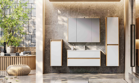 modern minimalist wall mounted bathroom vanity set | wood white contrast design with mirror cabinet & side storage towers