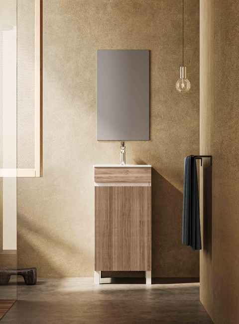 japanese minimalist narrow freestanding vanity | wood fluted door panel & white frame combo | compact washbasin for small guest bathrooms