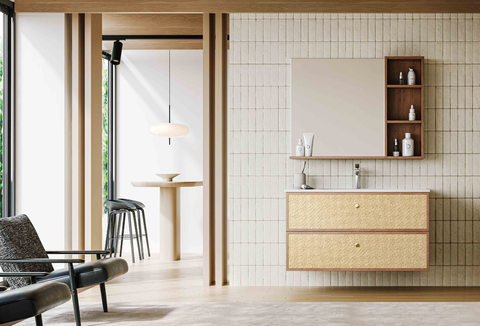 wabi sabi natural rattan weave floating vanity | dark wood frame mirror with open display shelf combo | double drawer retro washbasin