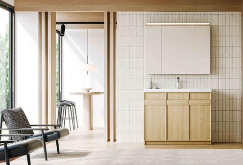 modern japanese wood 3 section storage vanity | mirror cabinet with adjustable folding led light & inner cosmetic organizer | bathroom washbasin set