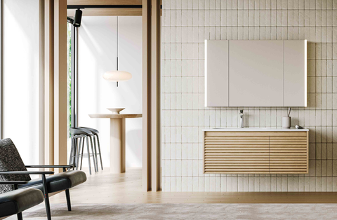 nordic japanese natural wood horizontal louver floating vanity | side lit smart mirror cabinet & integrated basin set | modern minimalist bathroom washbasin