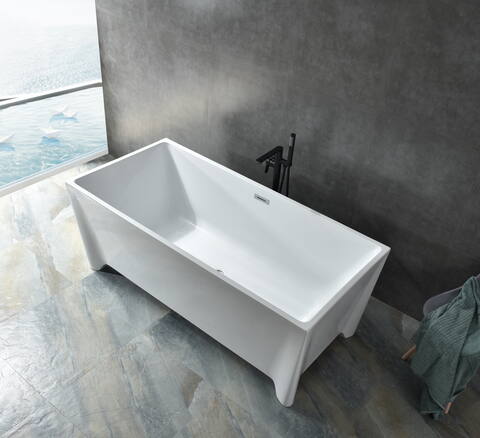 modern rectangular freestanding tub, angled geometric base