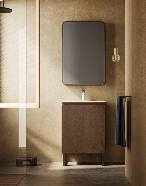 modern industrial freestanding wood vanity | rounded double door handleless design | black metal frame support bathroom cabinet set