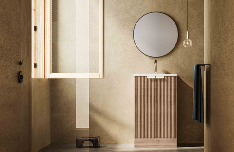 wabi sabi fluted narrow freestanding vanity | white dual half round handles & round mirror combo | minimalist washbasin for guest bathrooms/small spaces