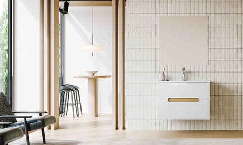 healing pure white floating bathroom vanity | minimalist wood capsule handle | double drawer partition storage bathroom set